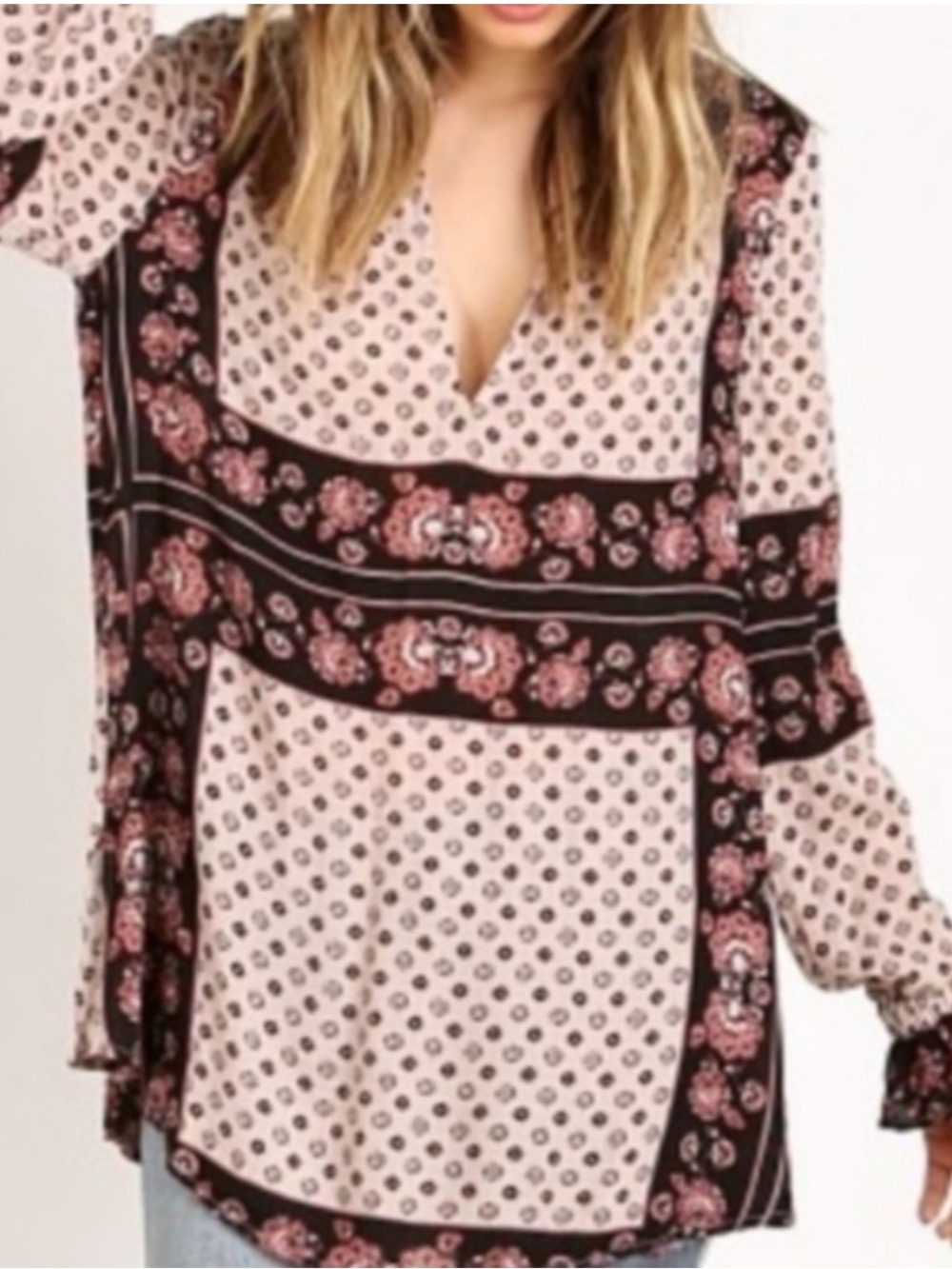 Free People “Changing Times” Boho Mixed Floral Print Ruffle Long Sleeve Tunic• S - Picture 9 of 15